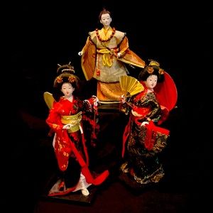 2 Geisha figurines and 1 with Samurai Sword Figurine